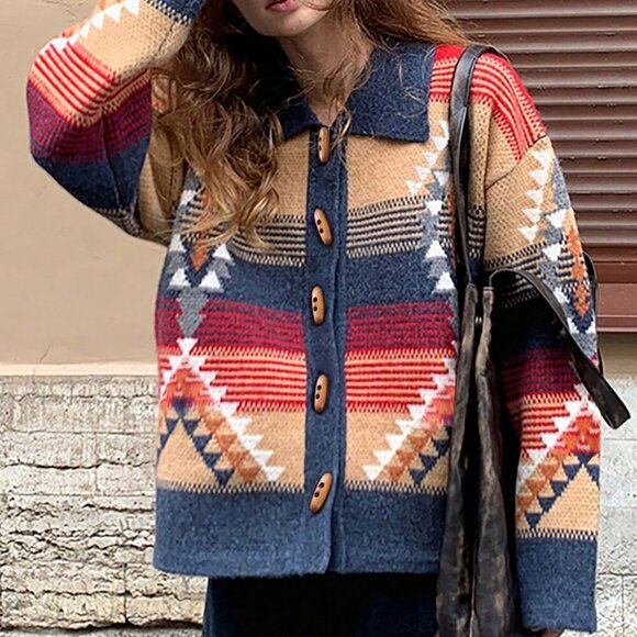 Multicolor Casual Women's  Geometric Pattern Lapel button down Cardigan - Picture 4 of 4